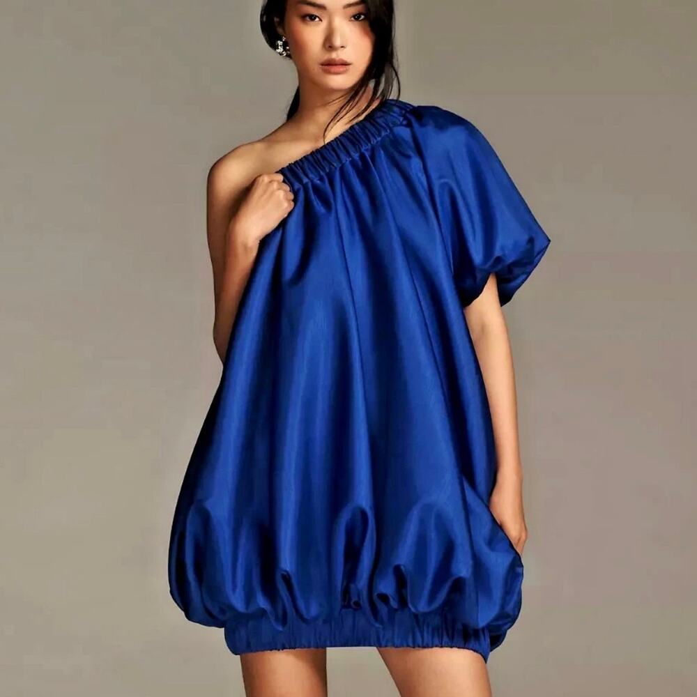 Anthropologie Electric Blue One-Shoulder Satin Bubble-Hem Mini Dress